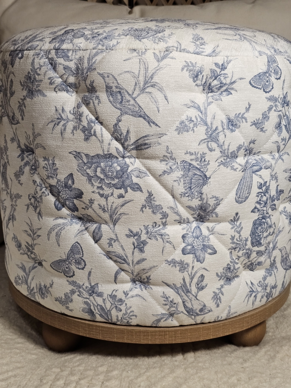 Floral Birds Butteflies Blue and Cream Quilted Accent Ottoman Delphine Viral